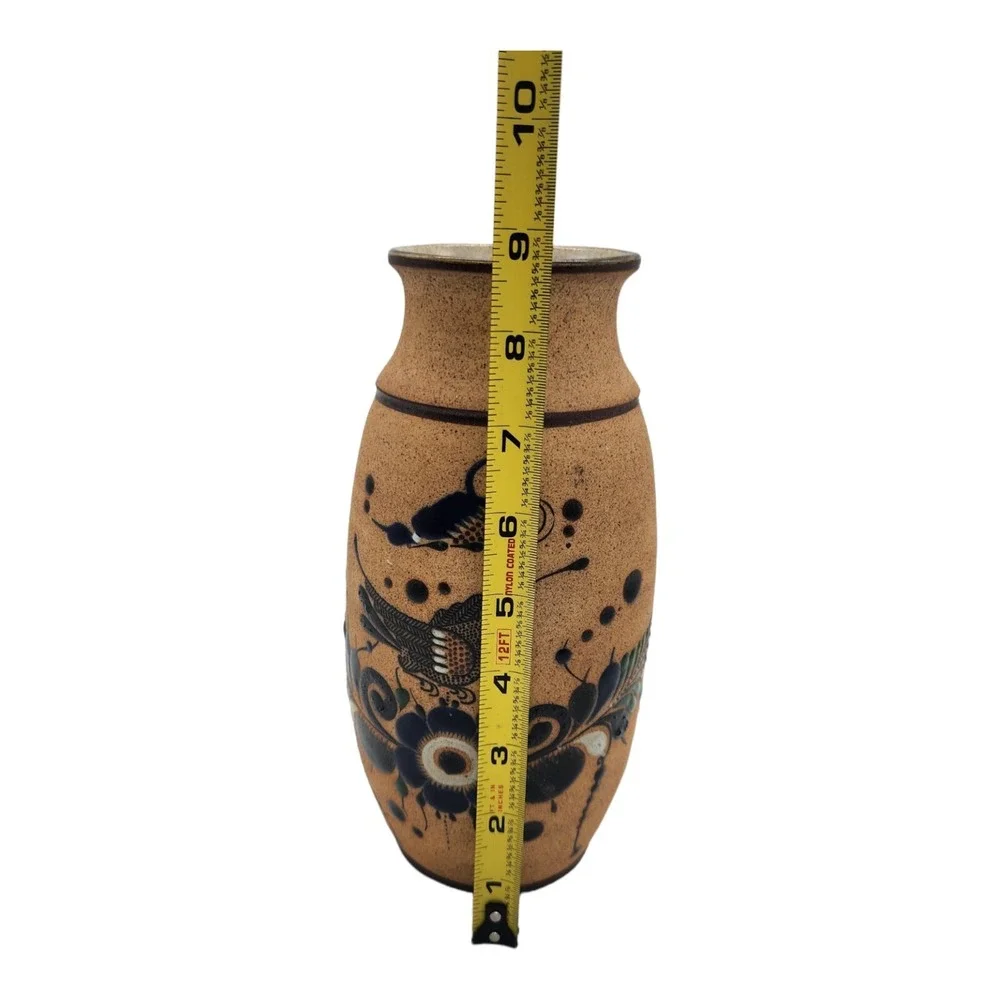 VTG Tonala Mexican Folk Art Pottery Vase Blue Sandstone Floral Bird Signed 9